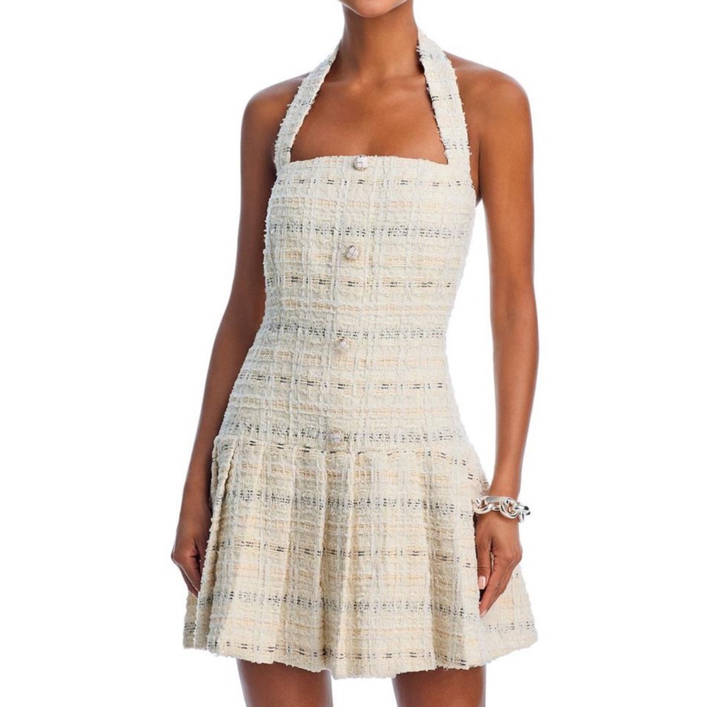 AQUA Halter Mini Dress Tweed Button Front‎ Sleeveless Party Dress Size L
